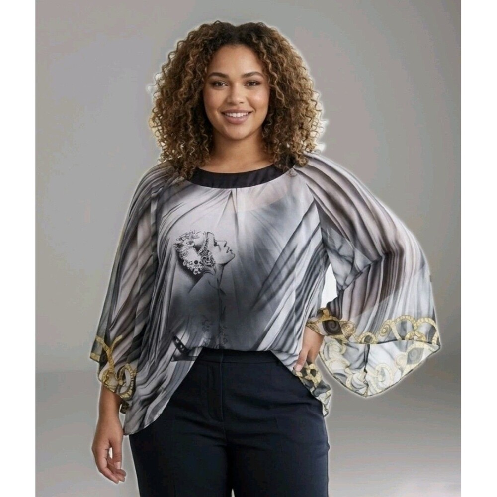 MADISON PAIGE Top Women Size XL Wide Sleeve Semi Sheer Blouse Round Neck